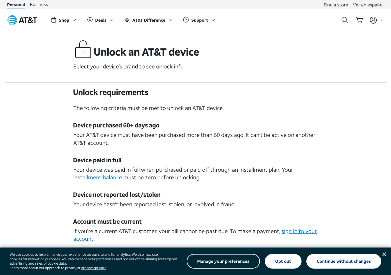 The first screen of AT&T's unlock request form